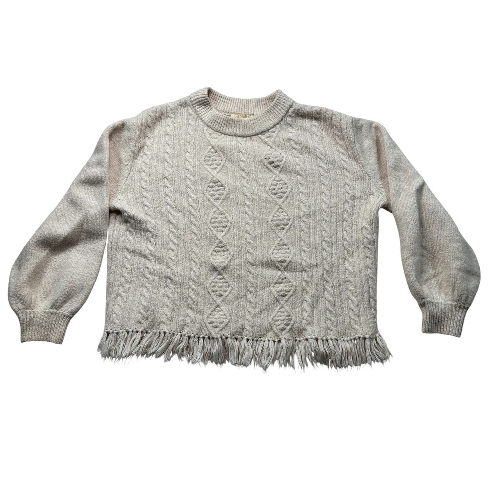 Farmers Market Cable Knit Fringe Sweater Cream Ivory Boho Pullover L #1014